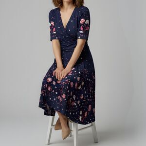 Boden Navy Blue Floral Wrap Midi Dress for Work /Church